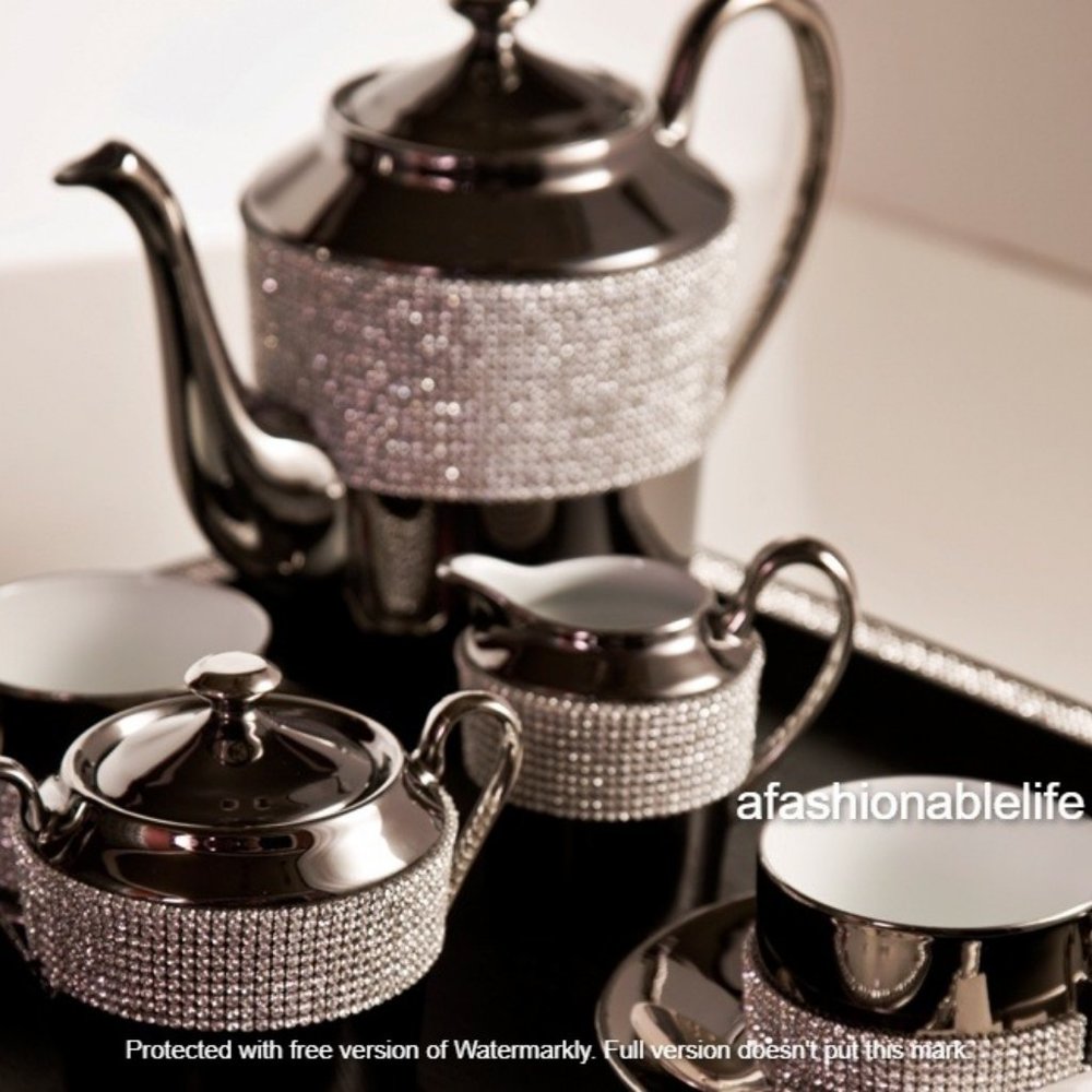 12pc Sophie Villepigue Paris TEA/COFFEE SET, PLATINUM PORCELAIN SWAROVSKI FRANCE